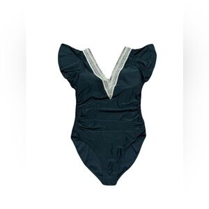 Bloom Jelly women’s large one-piece swimsuit, ruffle sleeve, black